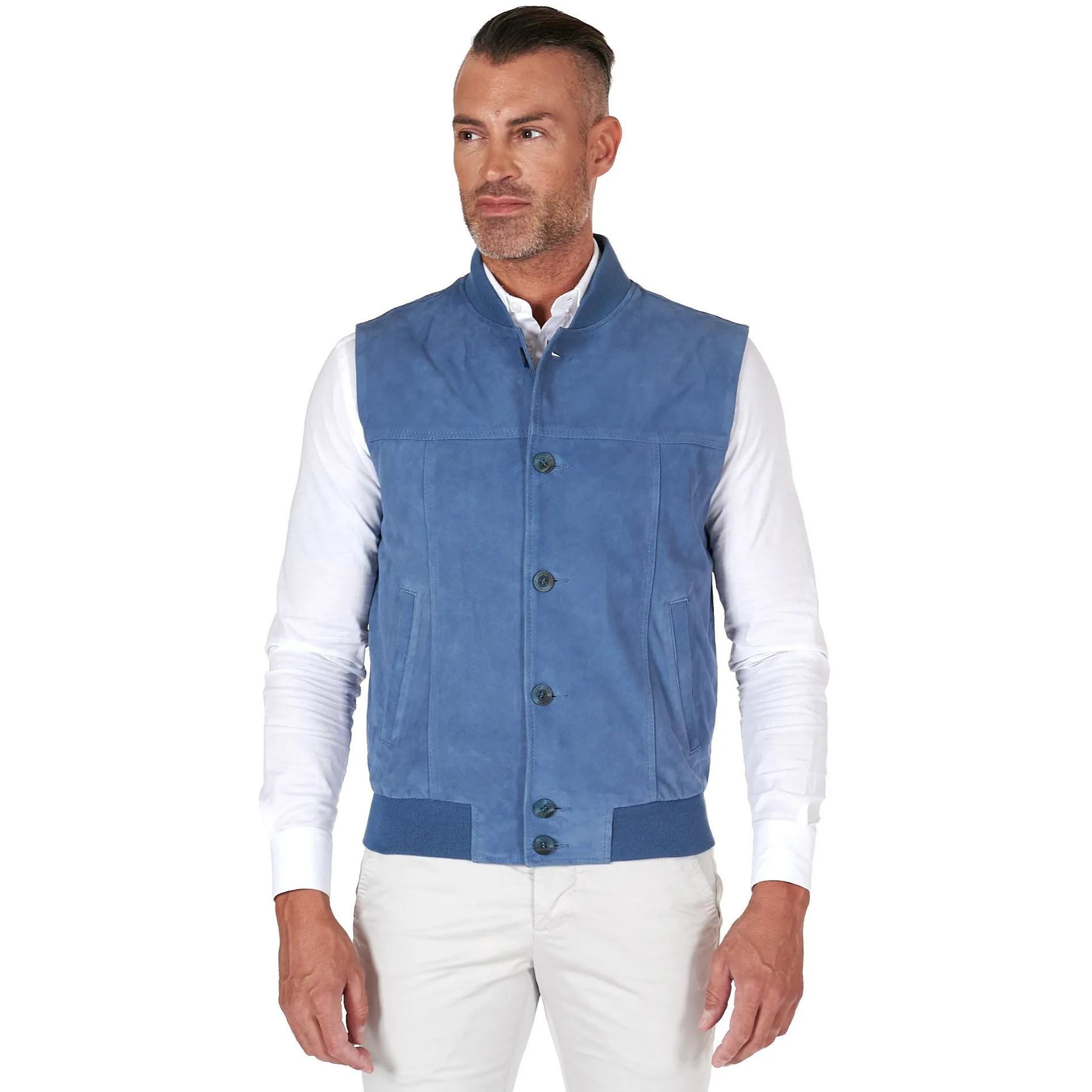 Gilet in pelle camoscio blu denim con bottoni