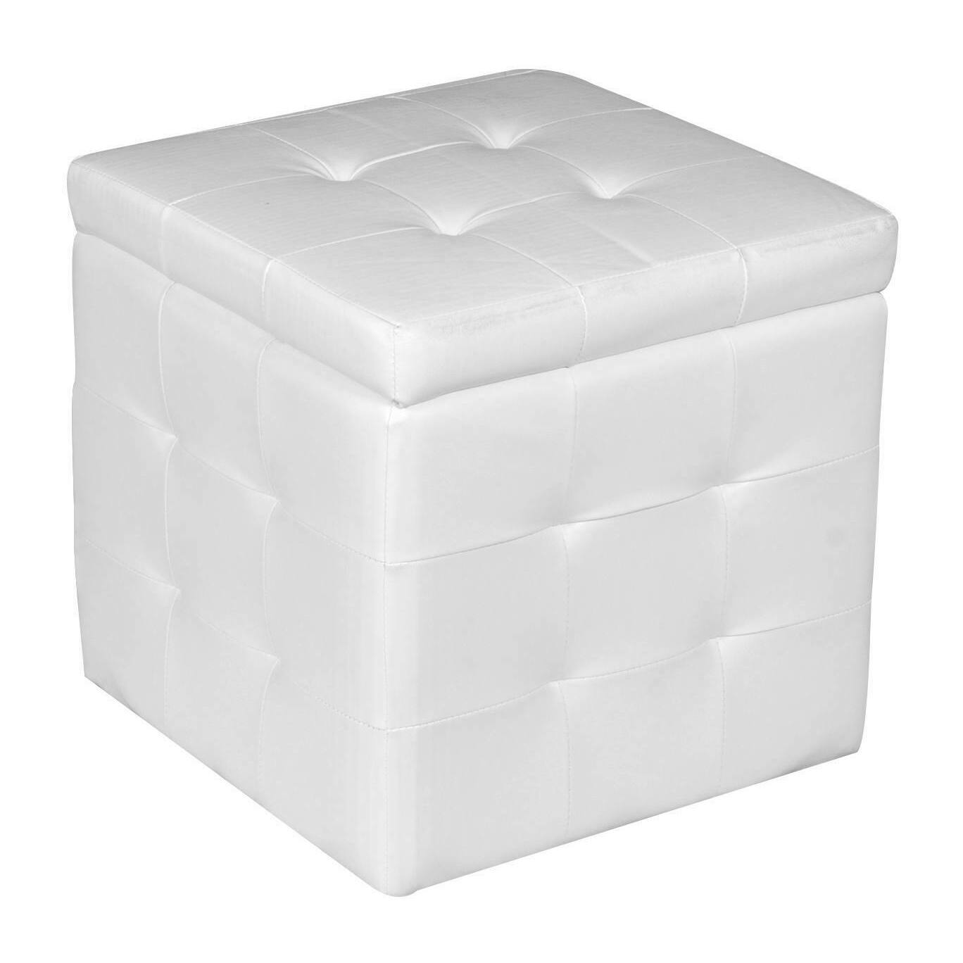 Pouf- contenitore in ecopelle, colore bianco, cm 45 x 47 x 45