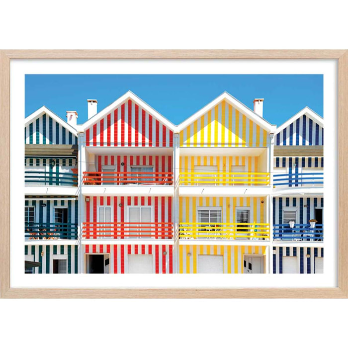Affiche welcometoportugal houses of striped colors Affiche + cadre en bois - Chêne