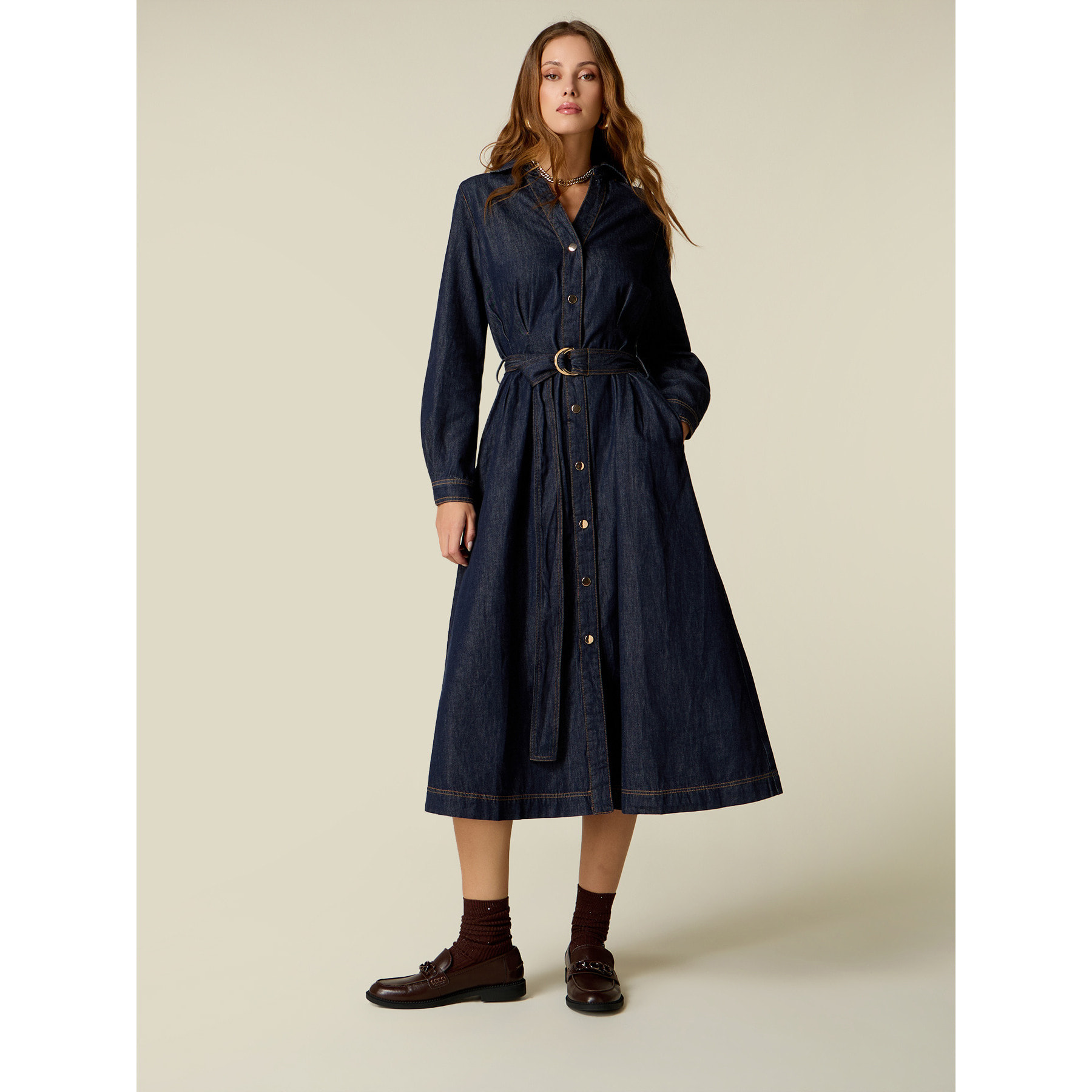 Oltre - Vestito chemisier in denim con cintura - Blu