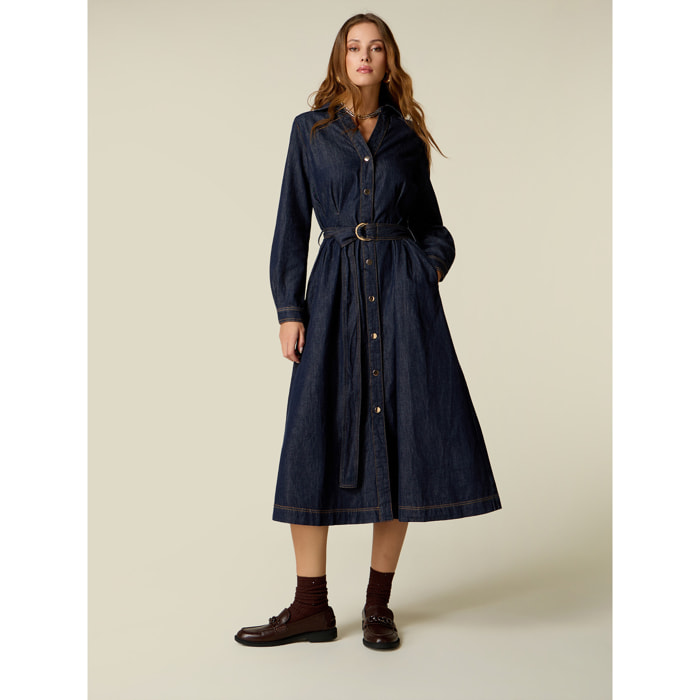 Oltre - Vestito chemisier in denim con cintura - Blu