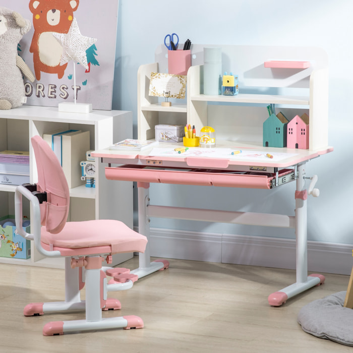 Ensemble bureau chaise enfant hauteur réglable plateau inclinable nombreux rangements blanc rose effet bois clair