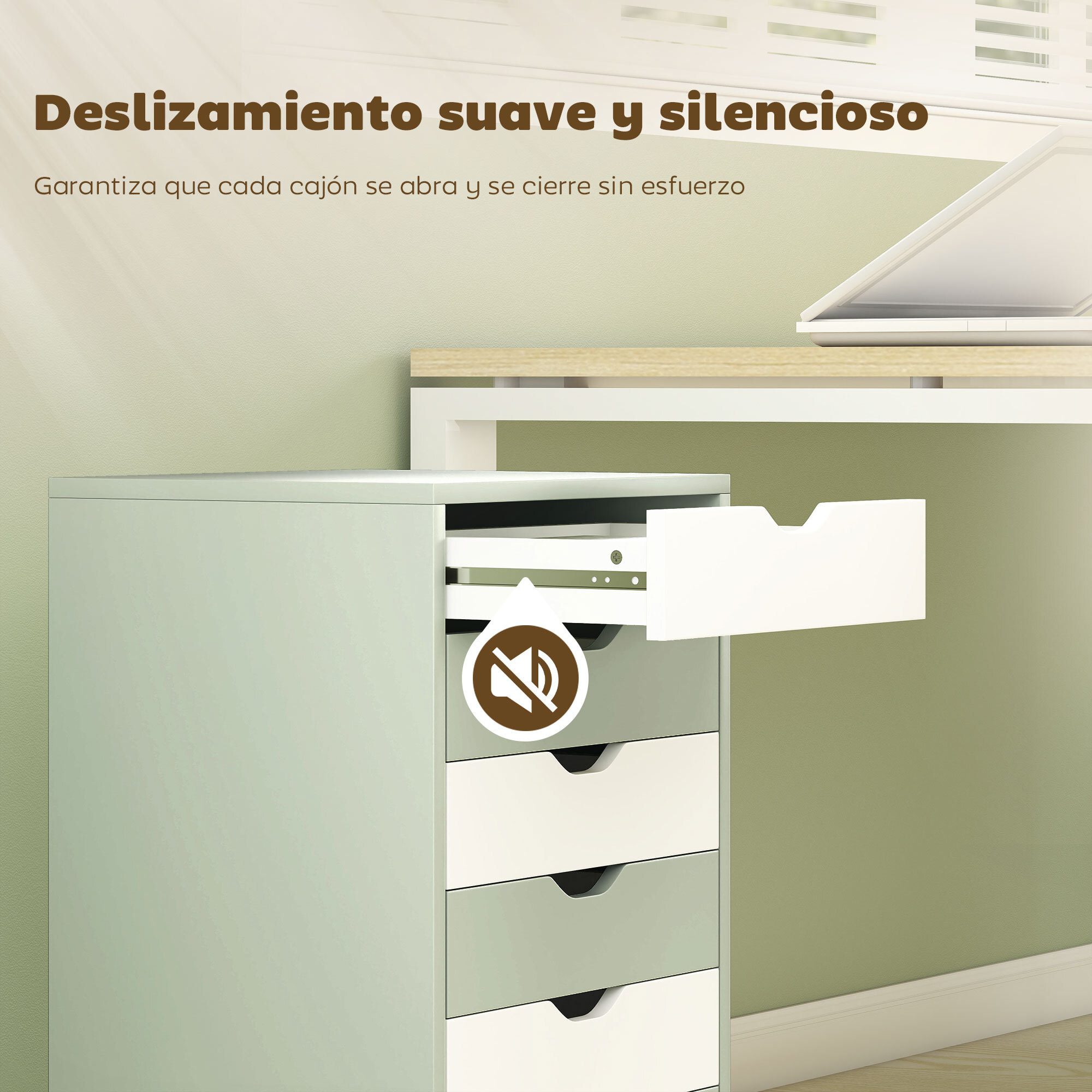 Cajonera Escritorio, Archivador Móvil con 6 Cajones, Soporte para Impresora con Ruedas, Guías Deslizantes Silenciosas, para Oficina, Casa, Verde y Blanco