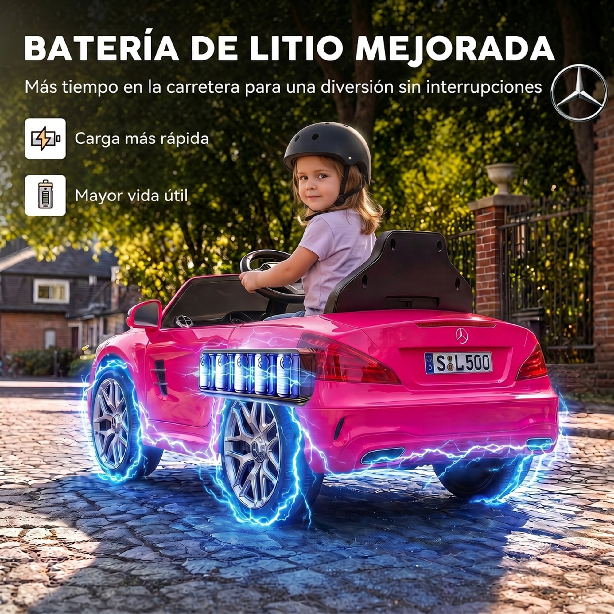 Coche Eléctrico para Niños Mercedes-Benz SL500 Coche de Batería Litio 12V con Mando a Distancia 2,4 G 2 Motores Suspensión Arranque Suave Luces Música Claxon Bluetooth 3-5 Años 3-5 km/h Rosa