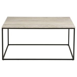 Maya - table basse plateau effet travertin en FSC  100% - pieds en métal - 90 cm - Beige / Noir