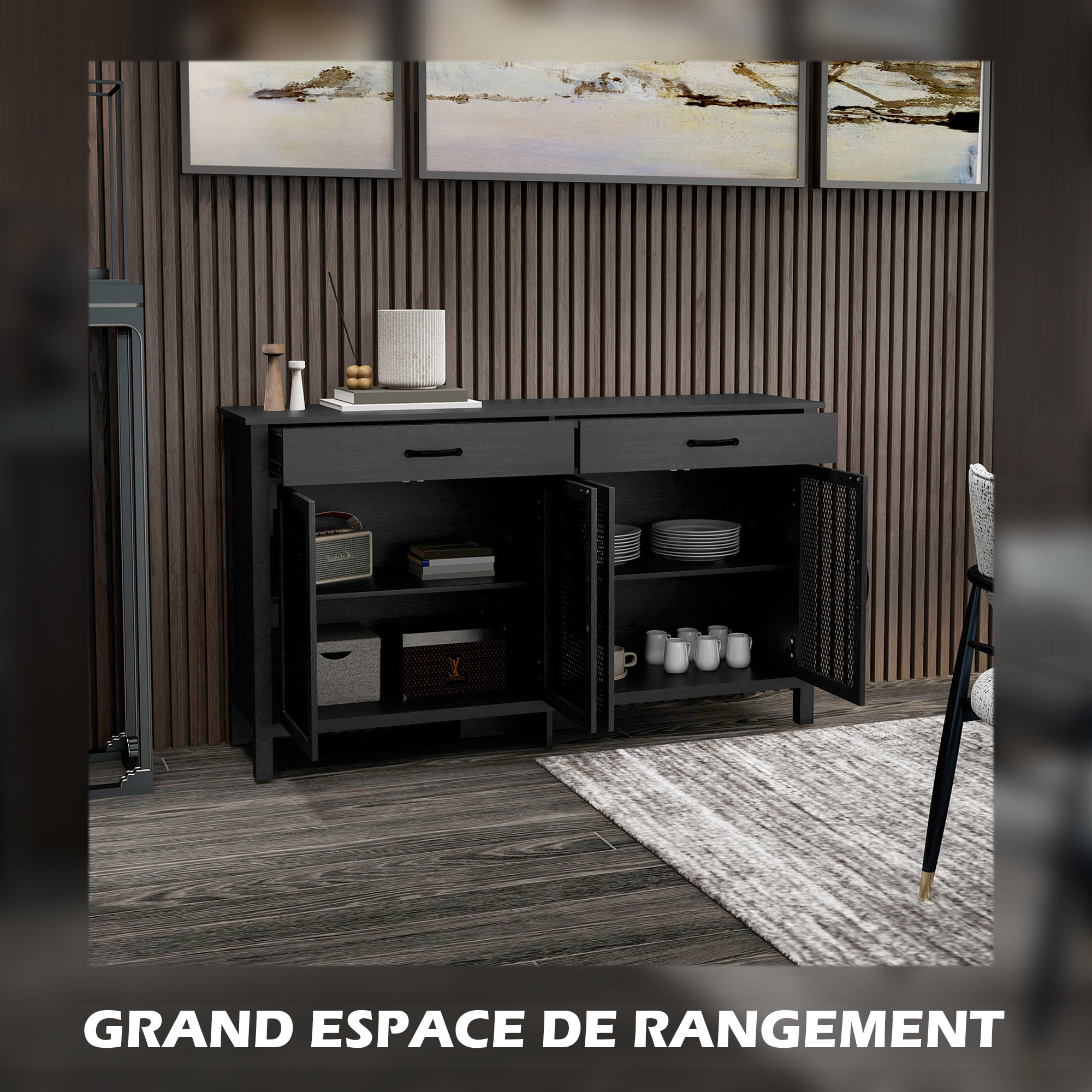 Buffet design industriel - 4 portes, 2 étagères réglables, 2 tiroirs - panneaux façades grillagées poignées métal noir
