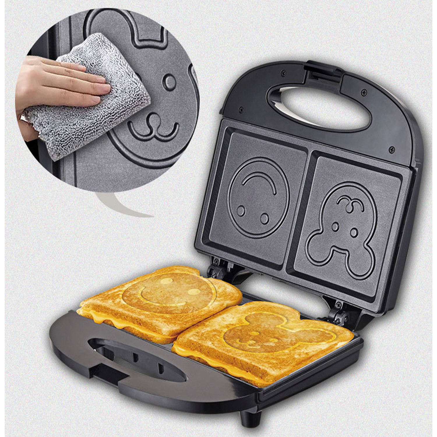 Macchina per waffle, macchina per sandwich doppia portatile con stampo a forma di cartone animato da 750 W, fissaggio a clip, indicatore di alimentazione.