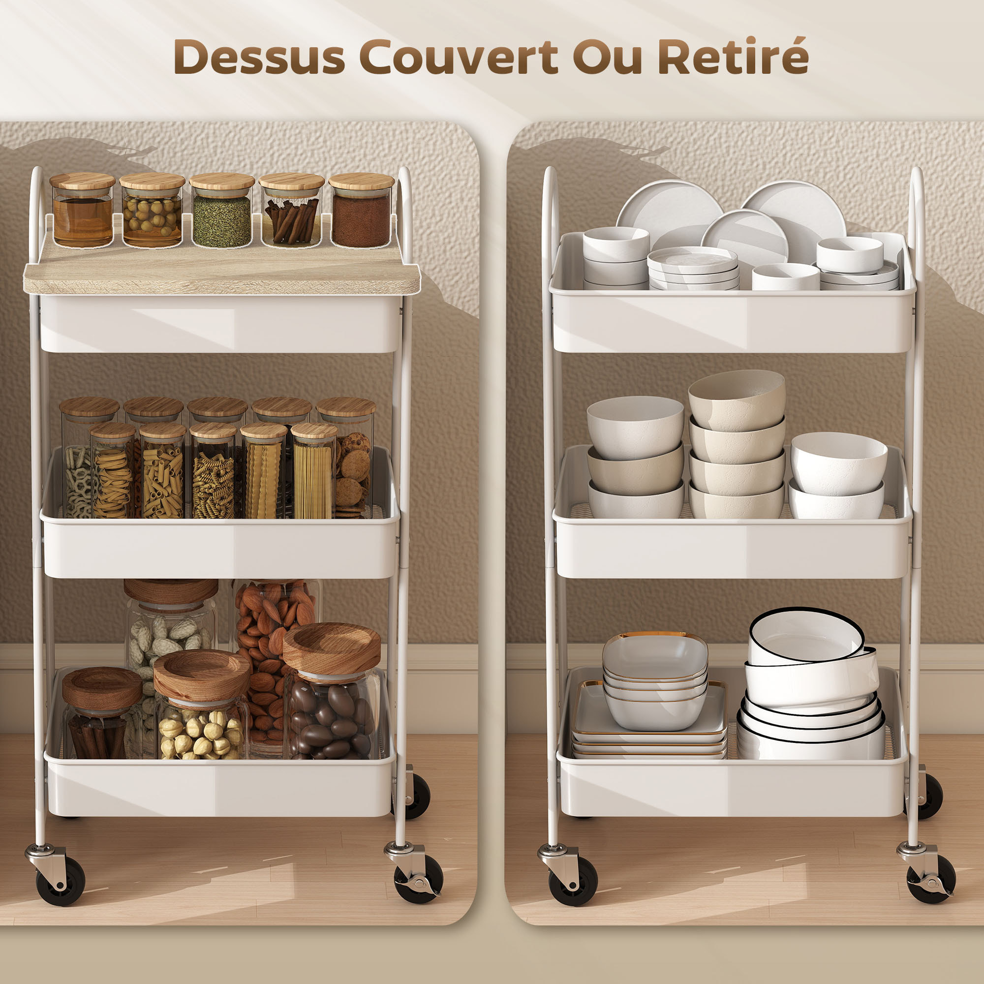 Desserte style nordique 3 niveaux effet bois clair métal blanc