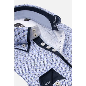 Camicia Uomo 2 Bottoni Button Down 7bottoni Doppio Coll Popeline Stretch Stampato Bianco/Celeste