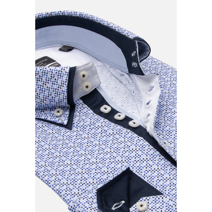 Camicia Uomo 2 Bottoni Button Down 7bottoni Doppio Coll Popeline Stretch Stampato Bianco/Celeste