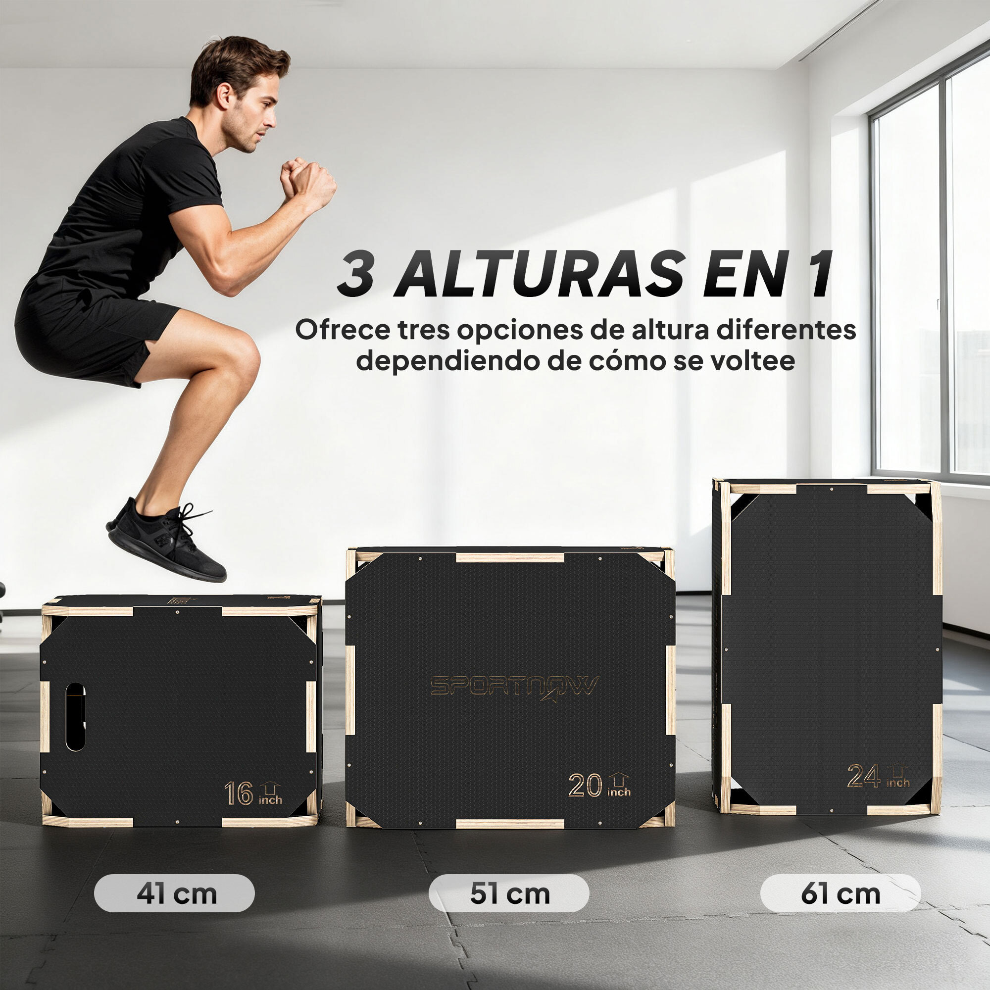 Cajón Pliométrico de Madera 3 en 1, Plataforma de Caja Pliométrica con 3 Alturas Ajustables 61/51/41 cm, Asas, sin Esquinas, Entrenamiento de Salto, Fuerza, para Casa, Gimnasio y Exterior
