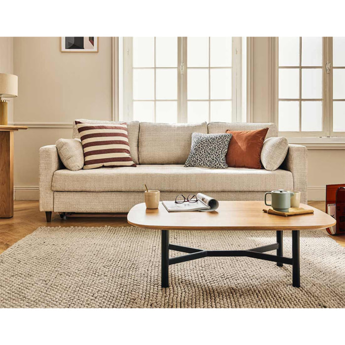 Anna - canapé droit 3 places convertible avec poche en velours texturé - Beige