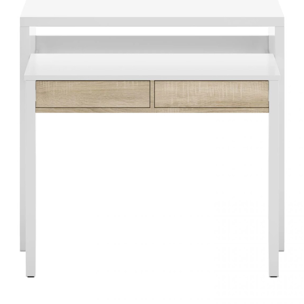 Mesa de escritorio extensible con 2 cajones en blanco artik y roble canadian 98,5x36-70 cm Zira Blanco Artik (Blanco Mate) - Roble Canadian