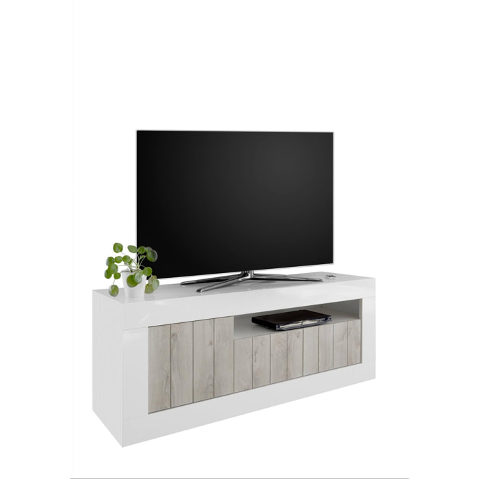 Mobile da soggiorno Porta TV, Made in Italy, Credenza per TV da salotto a 3 ante e ripiani, cm 138x56h42, colore Bianco lucido e cemento