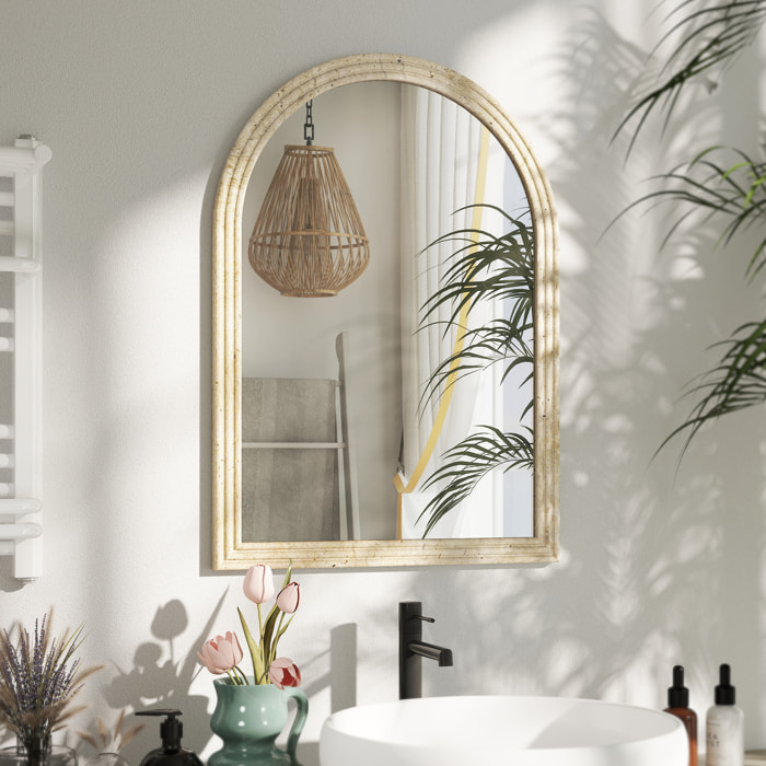 Espejo de Pared Arqueado, Espejo de Baño 60x90 cm con Marco de Imitación de Piedra de 3 Niveles, Estilo Moderno, para Salón, Dormitorio, Entrada y Pasillo, Beige