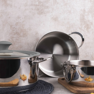 Batería de cocina con cacerolas de Ø16Ø20Ø24cm acero inoxidable + Sartén Grill 28x28cm Aluminio forjado + Juego de 5 Cuchillos con tijeras MasterPRO