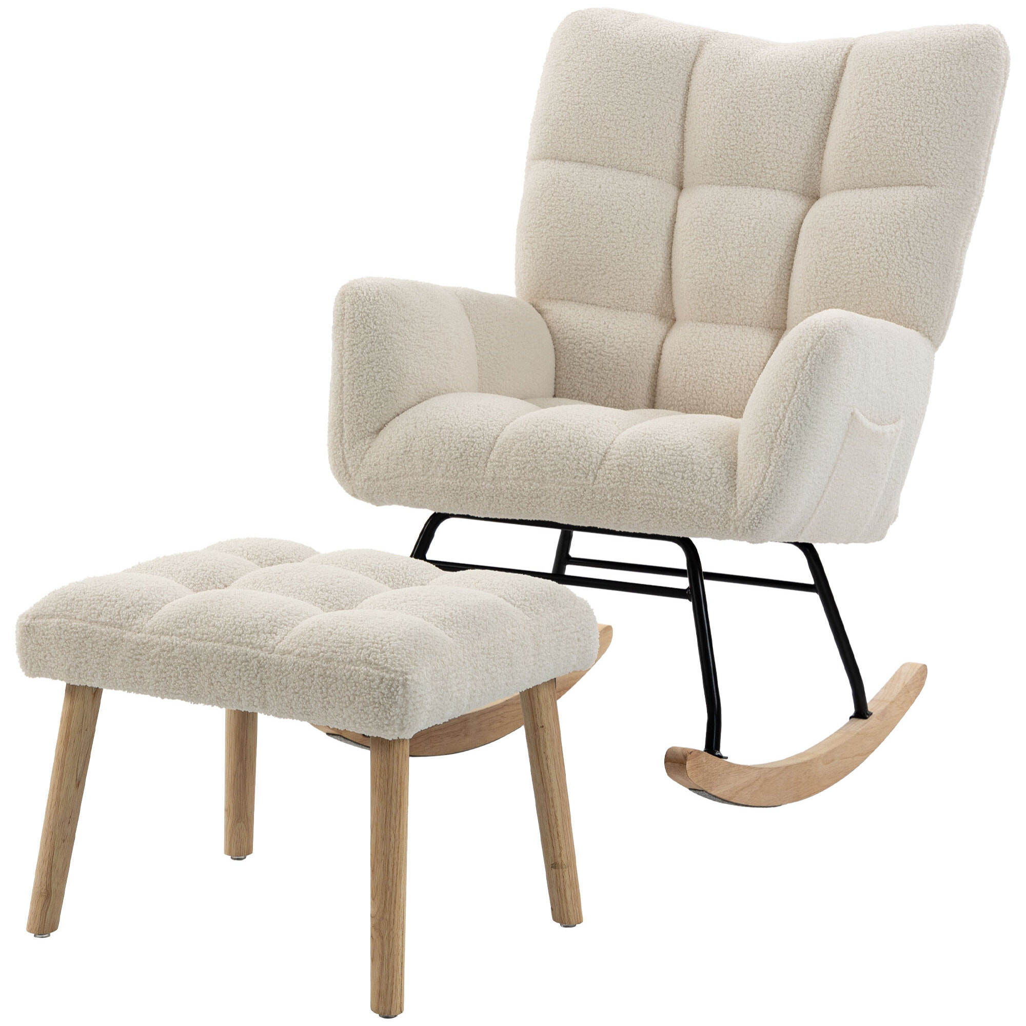 Fauteuil à bascule avec repose-pieds style nordique bouclette crème