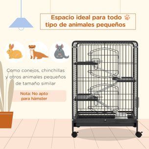 Jaula para Roedores con Ruedas 64x43,5x93 cm Jaula para Animales Pequeños con 2 Puertas 3 Plataformas Bandeja Extraíble Comedero y Bebedero para Conejos Cobayas Negro