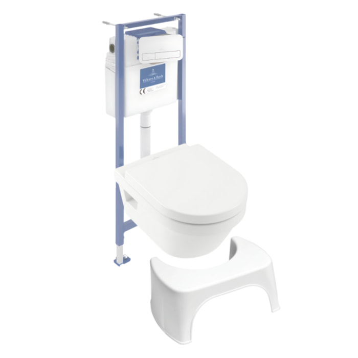 Pack WC sans bride Architectura abattant + bâti-support sol et mur + plaque blanche  + Tabouret blanc