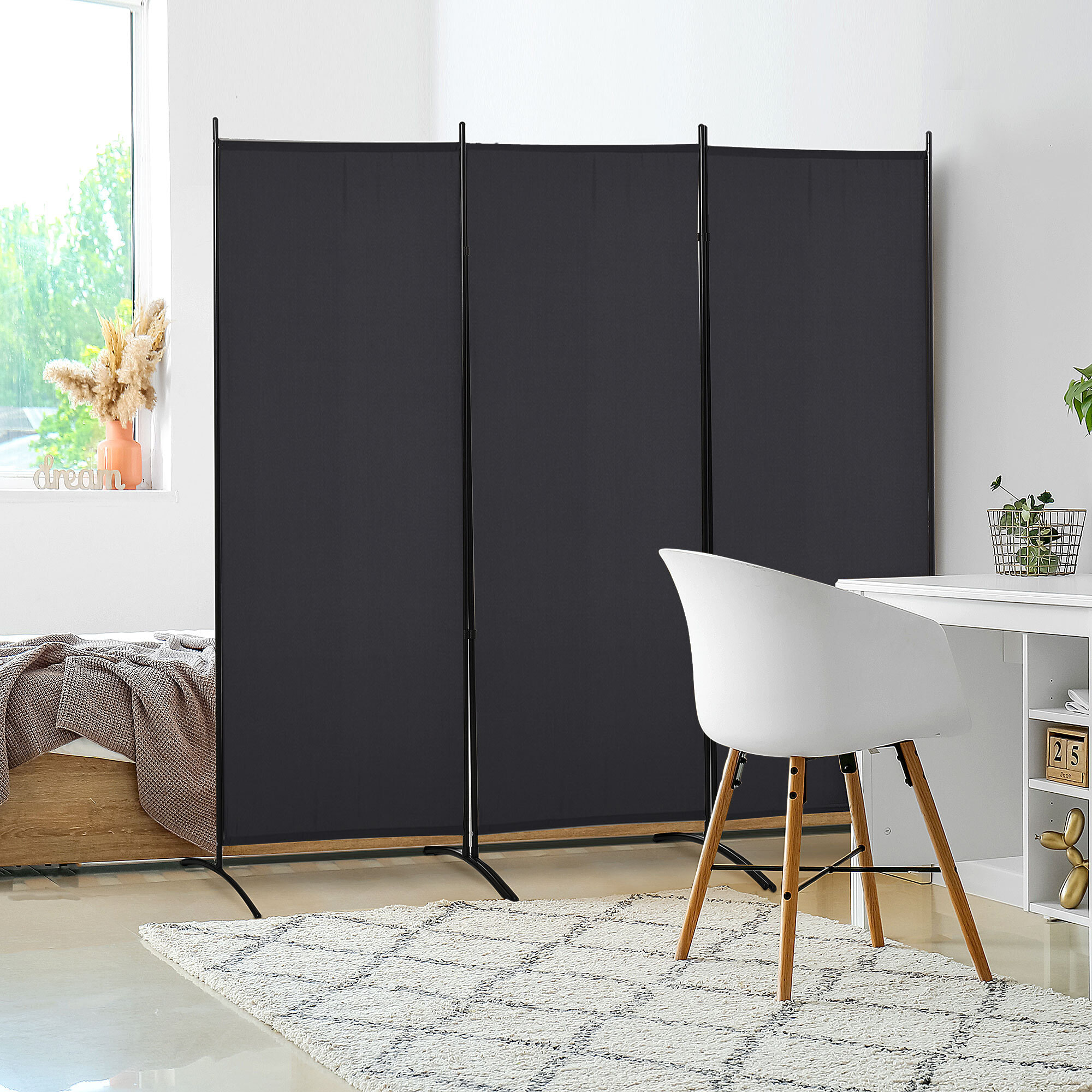Biombo de 3 Paneles, Biombo Separador de Ambientes Plegable con 6 Pies de Metal, Divisor de Habitaciones, Salón, Dormitorio, 253x182 cm, Negro