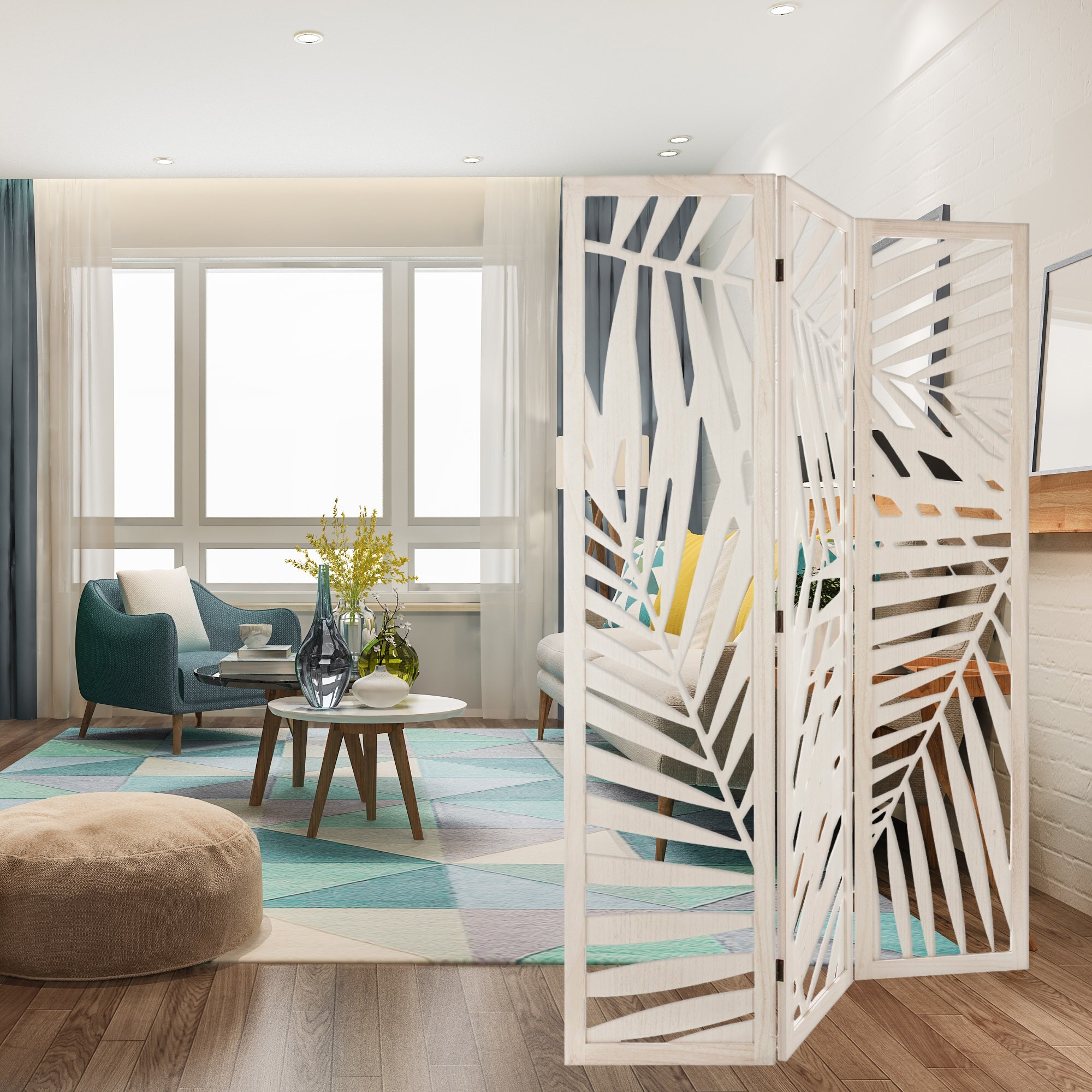 Biombo 'Feuille', madera, blanco de 170 cm