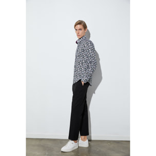 Camicia Uomo 1 Bottoni Button Down Slim Popeline Stampato Nero/Bianco
