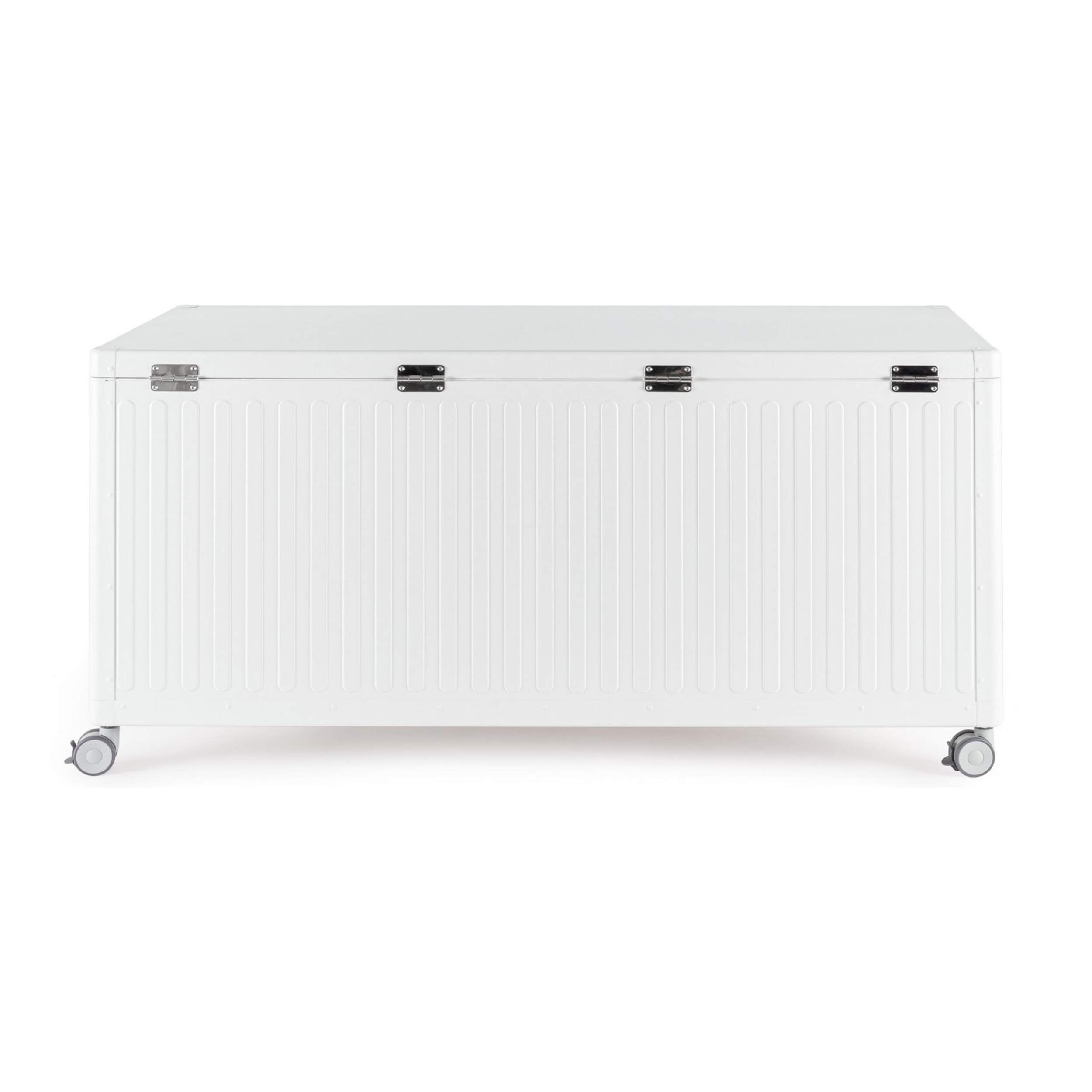 Baule da giardino BRAGA in alluminio bianco, con ruote e maniglia effetto legno