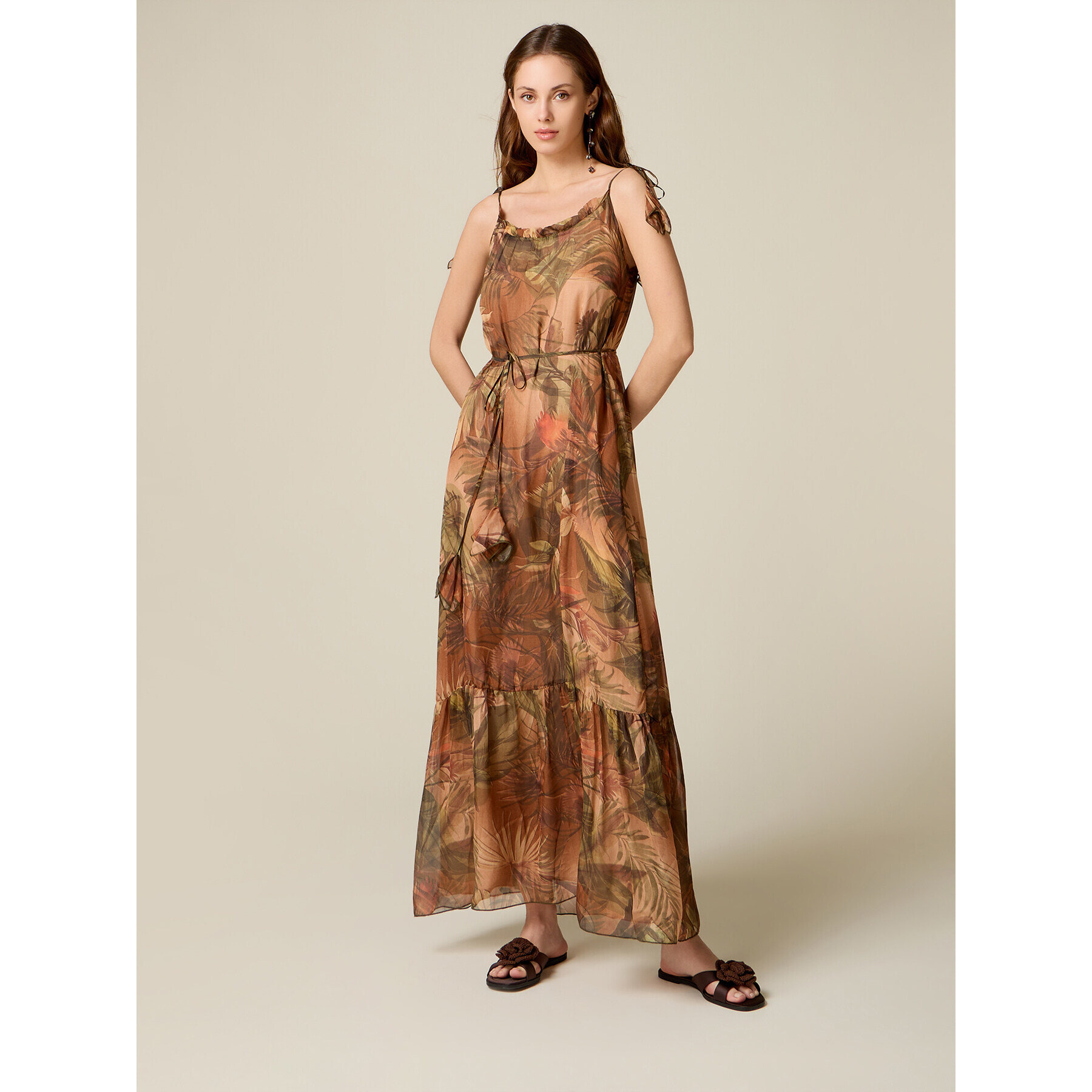 Oltre - Vestito lungo in chiffon misto seta - Marrone