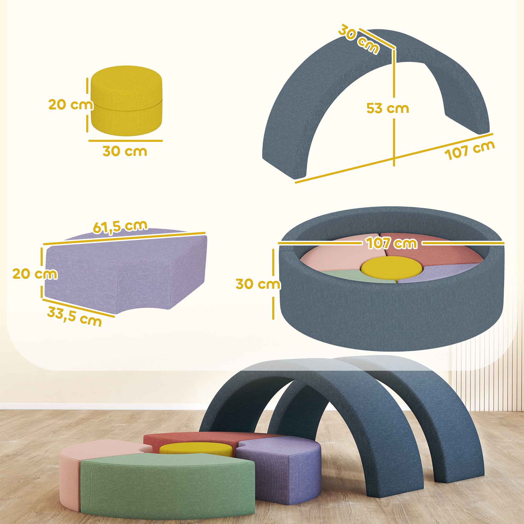 7 blocs de construction en mousse XXL revêtement tissu déhoussable - modules de motricité - multicolore