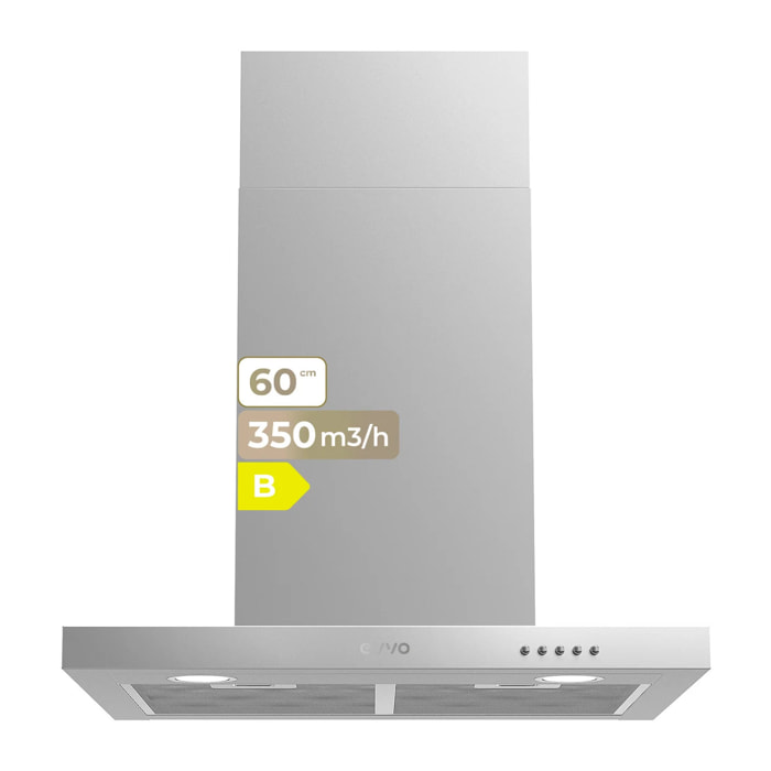 Campana Extractora Decorativa EVVO CE30, 60 cm, Inox, 350 m³/h, 3 Velocidades, Energía B