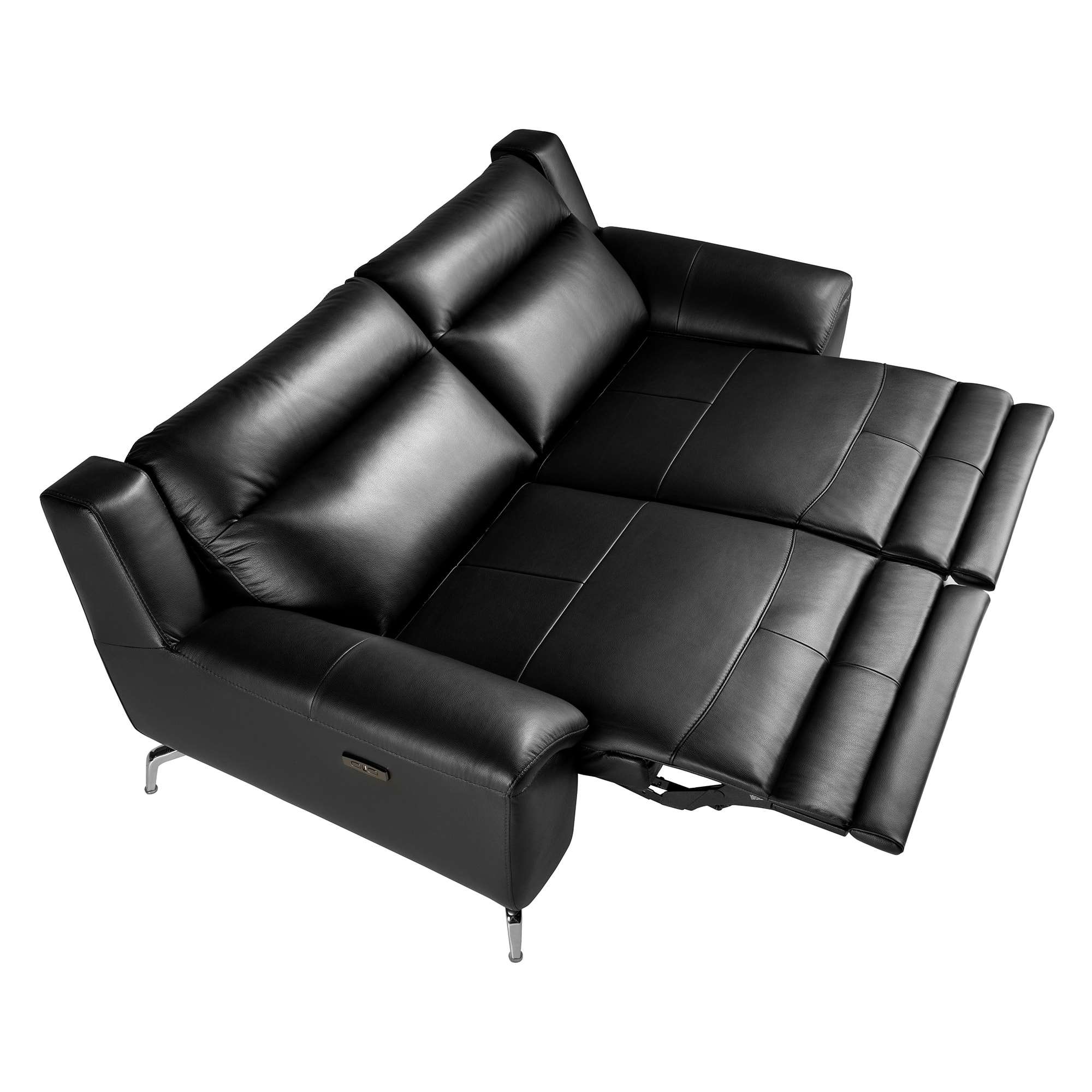 Sofá relax de 2 plazas tapizado en piel de origen vacuno en negro patas de acero inoxidable cromado 2 sistemas de relax eléctrico 192x93x92cm