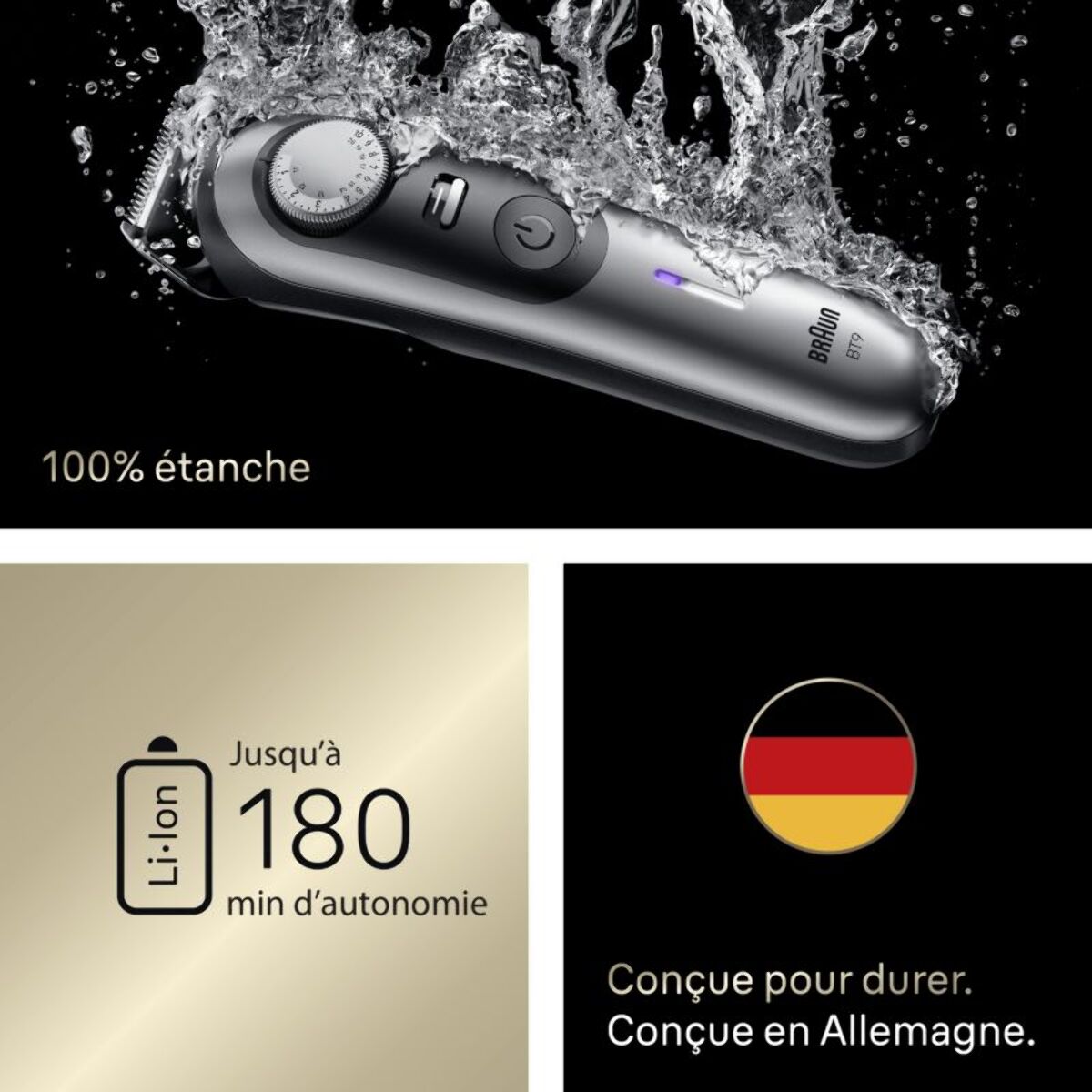 Tondeuse barbe BRAUN BT9520, molette réglable, 50 hauteurs de coupe, précision 0,25 mm, autonomie 180 mn