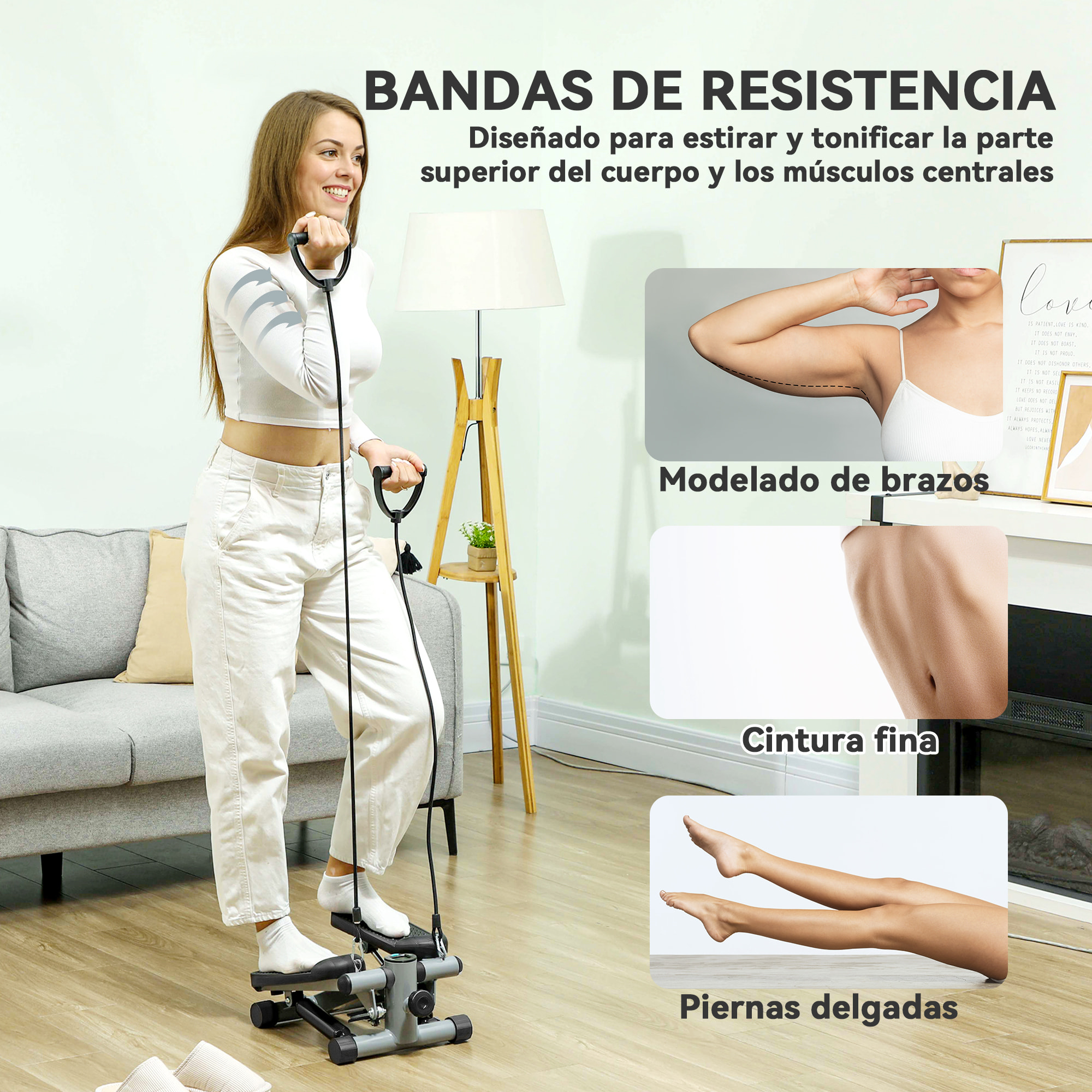 Mini Stepper para Hacer Ejercicio en Casa Máquina de Escalada Compacta con Bandas de Resistencia Monitor LCD Pedales Antideslizantes Ajustables en Altura para Entrenamiento de Cuerpo Gris