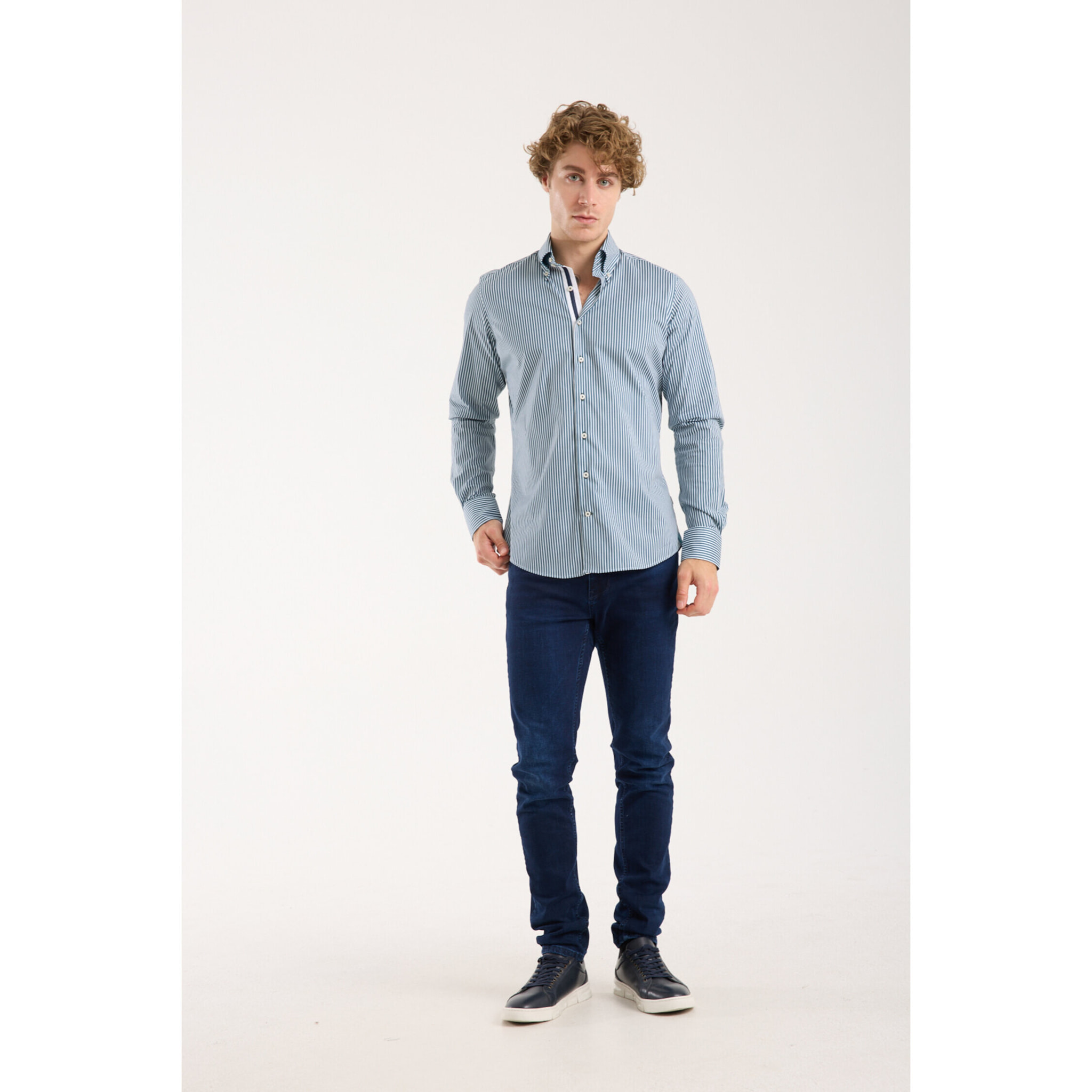 Camicia Uomo 2 Bottoni Button Down Slim Popeline Stretch Riga Media Bianco Verde Ottanio