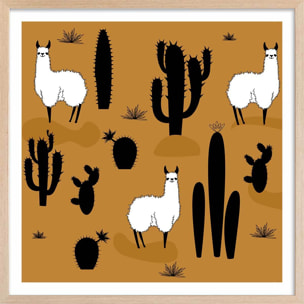 Affiche illustration lama et cactus Affiche + cadre en bois - Chêne
