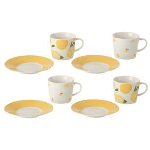 J-Line Tasse + Sous-tasse Citron - céramique - blanc/jaune - large - set de 4