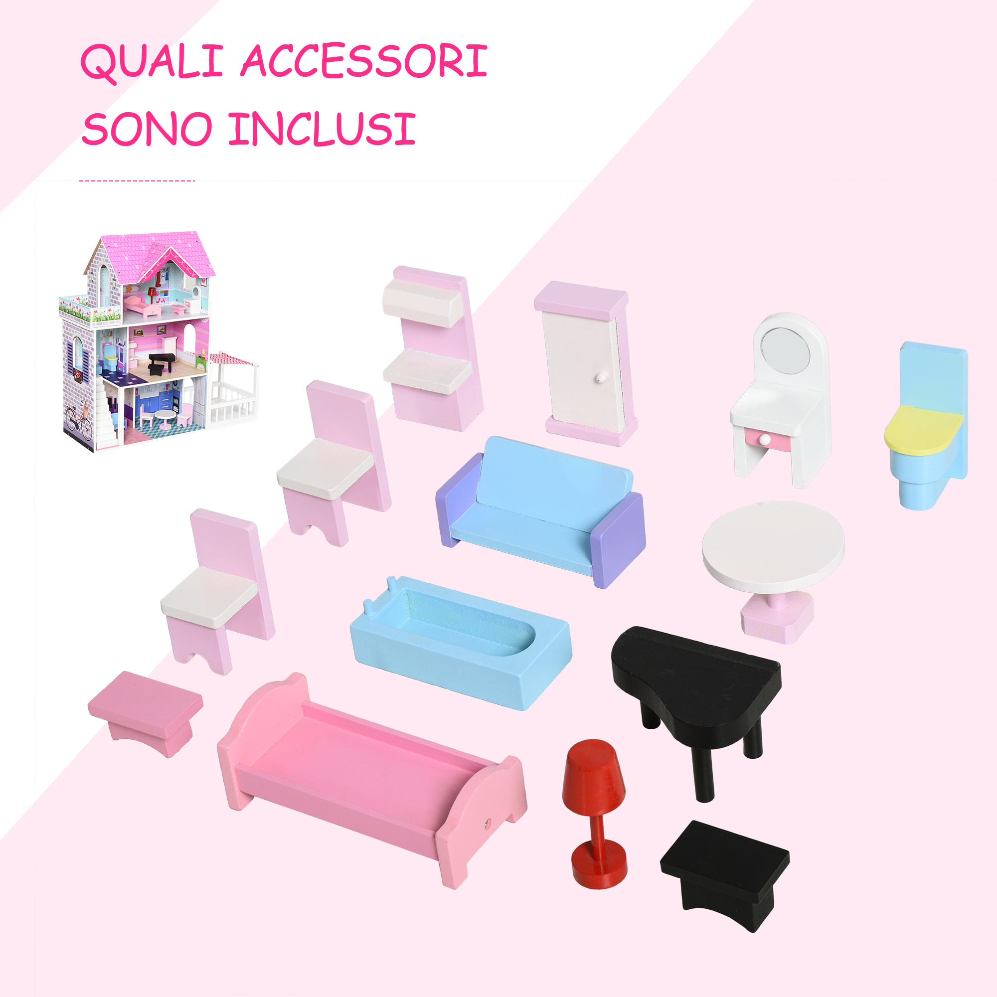 HOMCOM Casa delle Bambole in Legno per Bambini 3+ Anni con 12 Accessori, Tre Piani, Cortile e Arredamento, Rosa