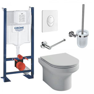 Pack WC suspendu sans bride Elite + Bâti support GROHE RapidSL + plaque blanche + Porte-balai + Porte-rouleau