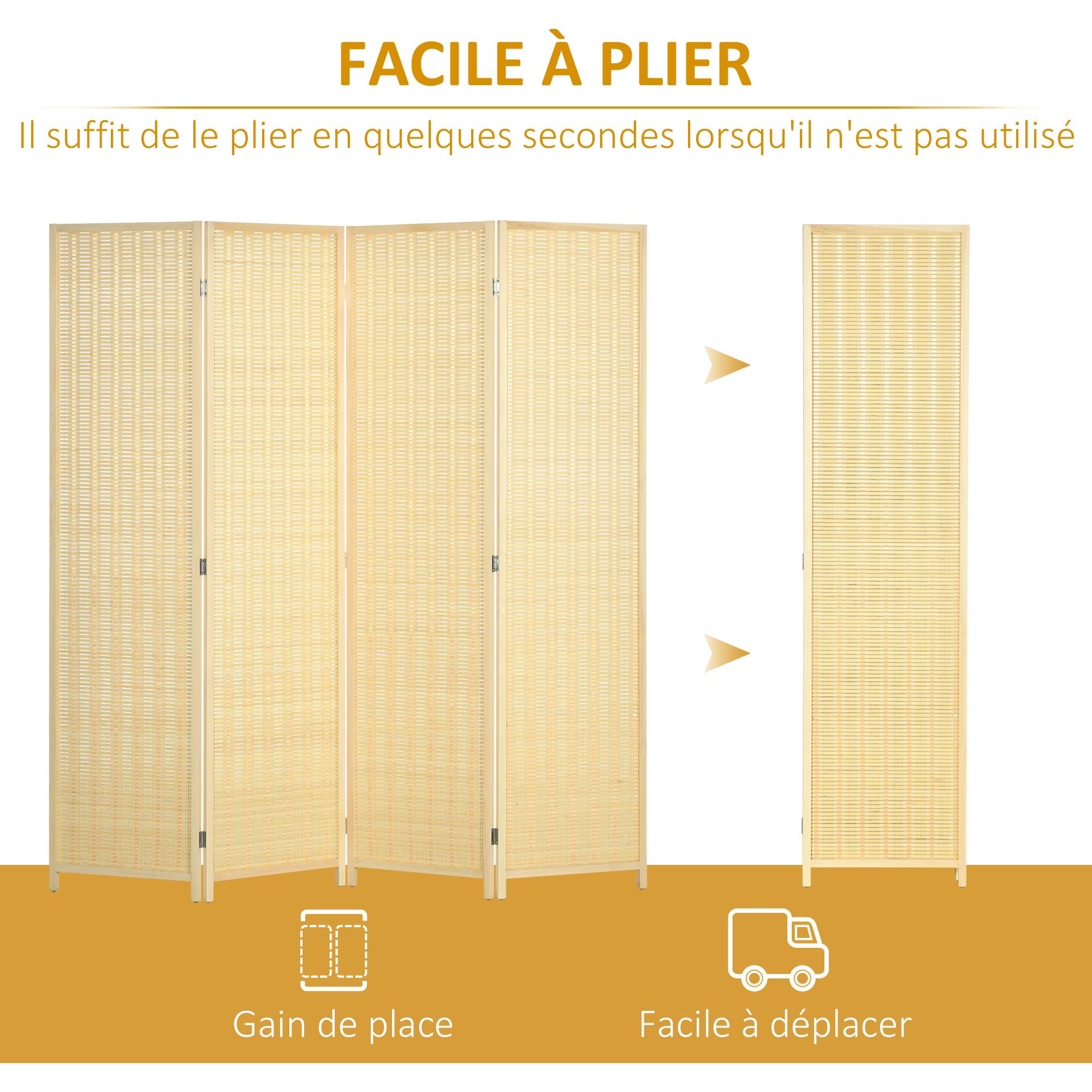 Paravent intérieur séparateur de pièce pliable 4 panneaux dim. 180L x 180H cm bois pin bambou coton