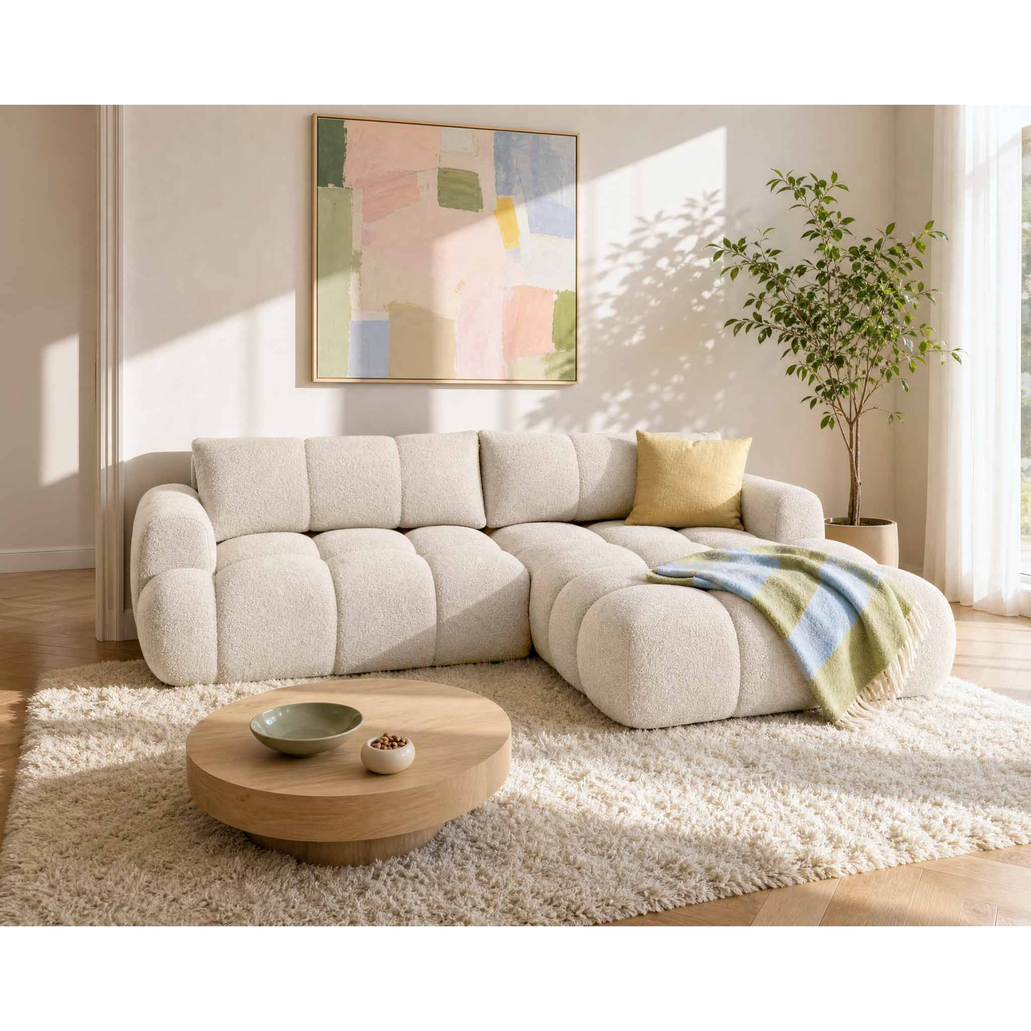 Yulin - Canapé d'angle droit 4 places convertible avec coffre en tissu bouclette - Beige