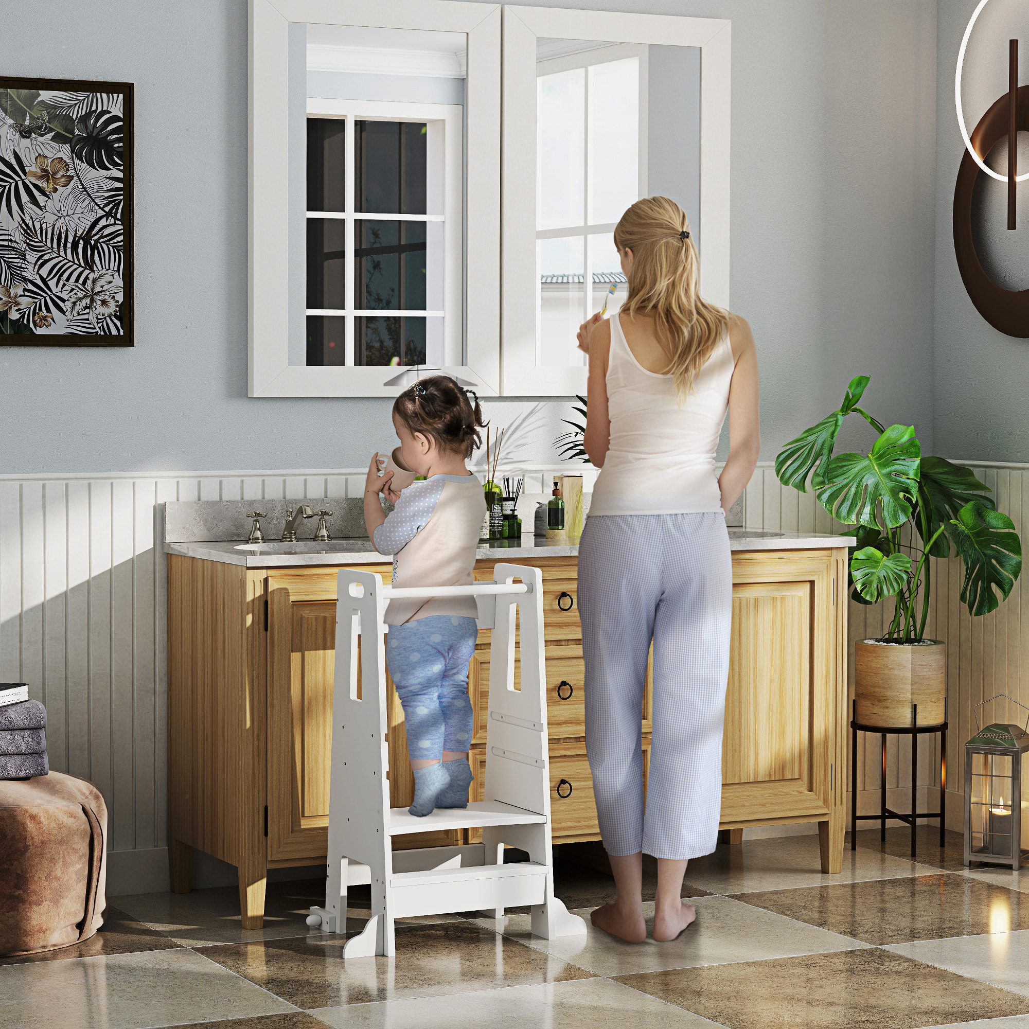 AIYAPLAY Torre de Aprendizaje Taburete de Aprendizaje para Niños de +3 Años con Pedal Altura Ajustable en 3 Niveles y Barrera de Seguridad para Baño Cocina 45x47,5x91 cm Blanco