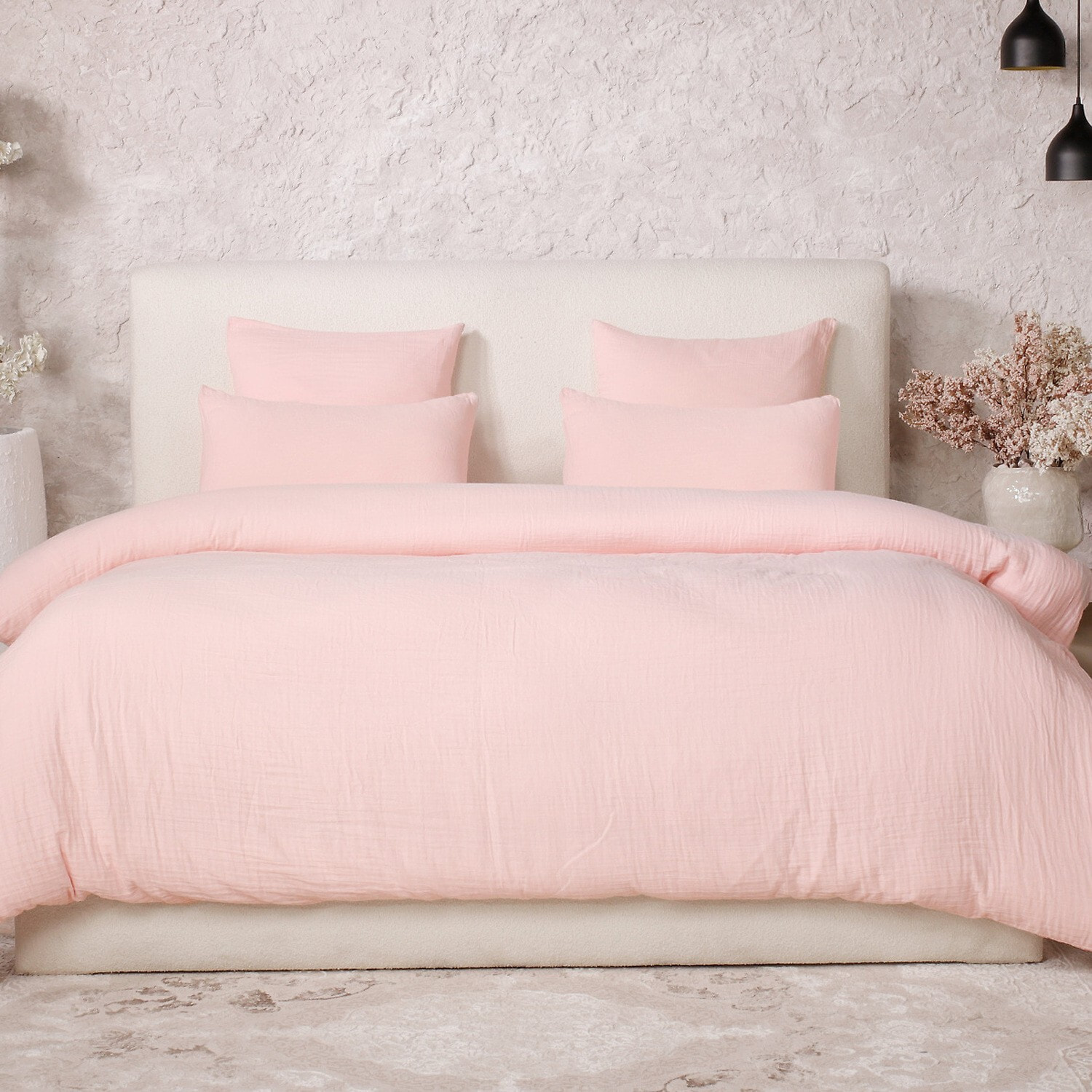 Parure housse de couette gaze de coton lavé rose lotus