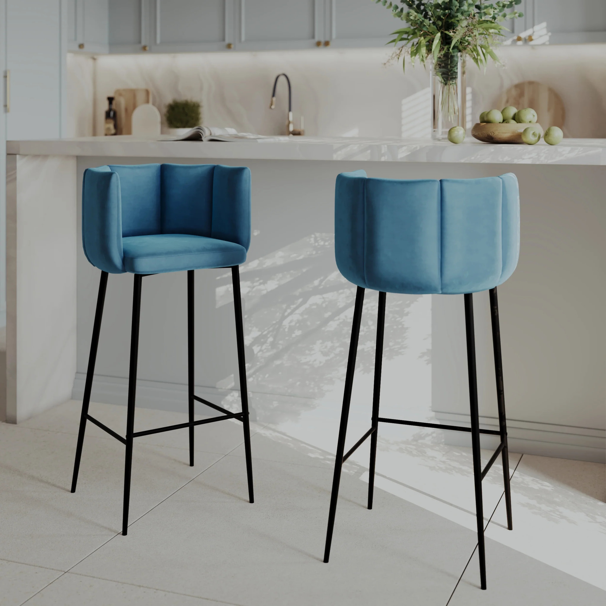 Lot de 2 chaises de bar en velours bleu 75 cm - Rosy