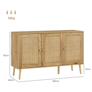 Buffet style cosy chic rotin - 3 portes, 2 étagères - dim. 120L x 40l x 75H cm - effet bois naturel