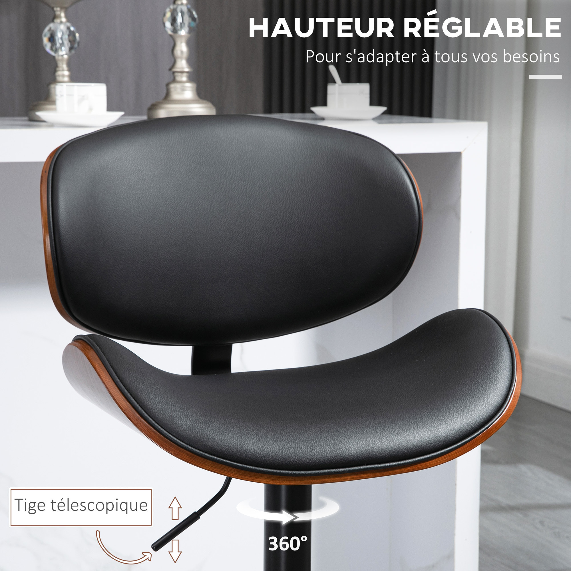 Lot de 2 tabourets de bar – Réglables et pivotants – Dossier et repose-pieds