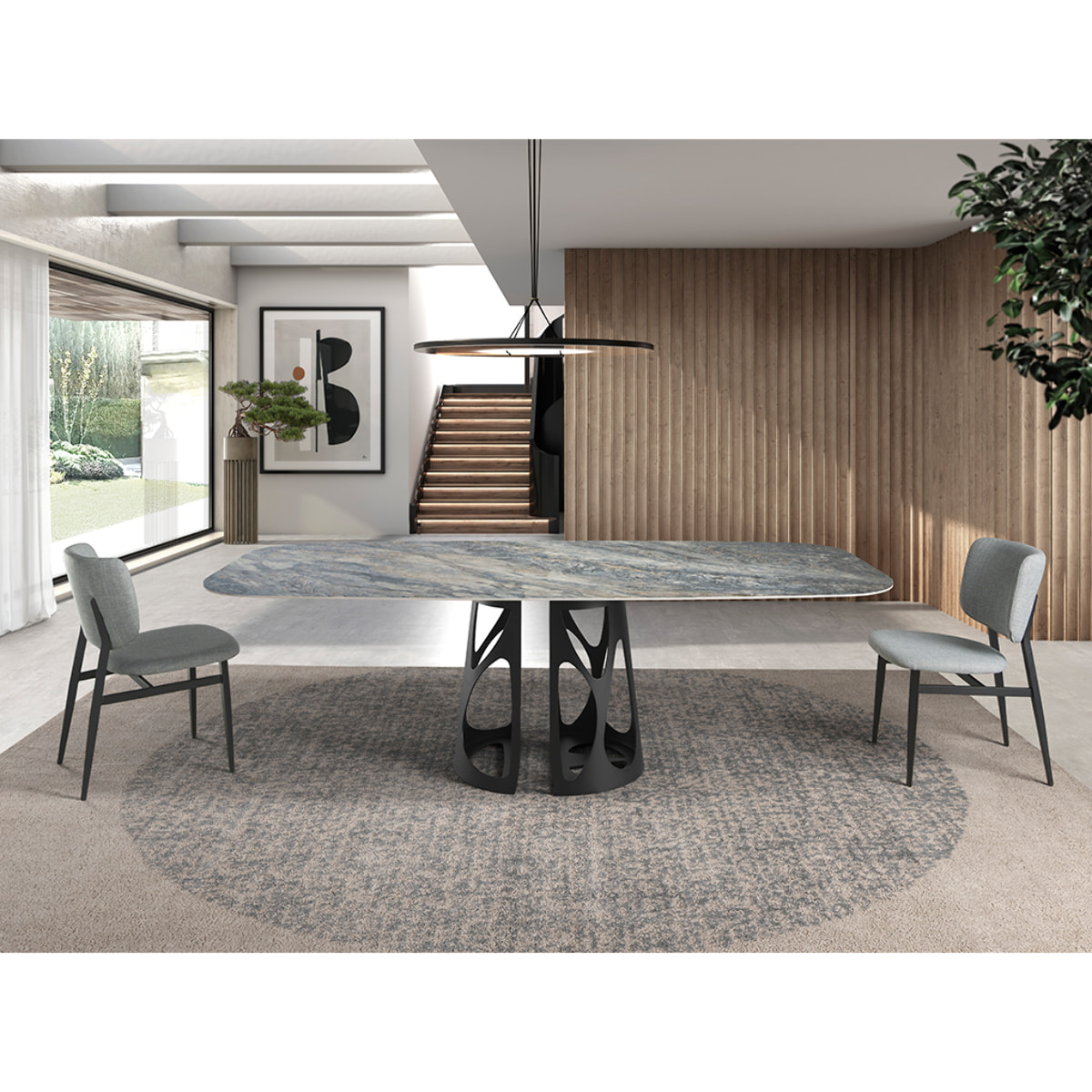 Mesa comedor Angel Cerdá ovalada barril con tapa fija de mármol porcelánico azul con vetas en tonalidades grises y marrones en acabado brillo 238x110x76cm