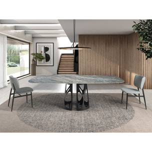 Mesa comedor Angel Cerdá ovalada barril con tapa fija de mármol porcelánico azul con vetas en tonalidades grises y marrones en acabado brillo 238x110x76cm