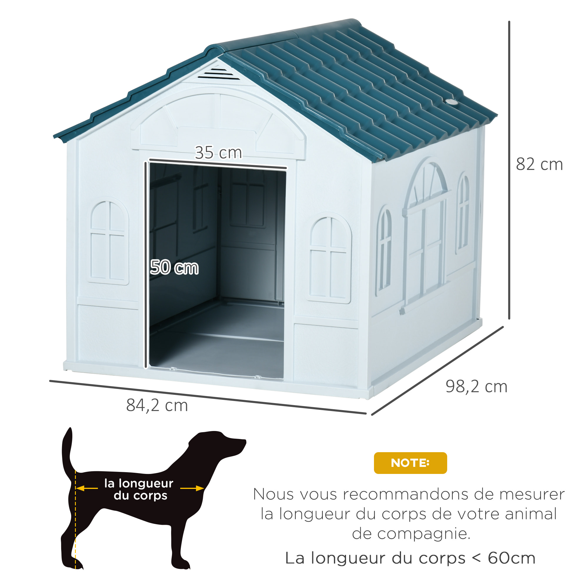 Niche chien style cottage - motifs fenêtres, porte, aération - PP blanc bleu