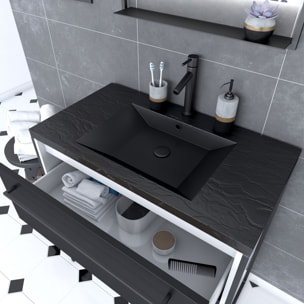 Meuble de salle de bain 80x50cm Blanc - 2 tiroirs noir mat - vasque resine noire effet pierre