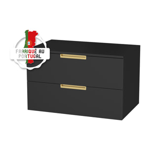 Meuble Salle de Bains 80cm Noir Mat et Or Doré 2 Tiroirs - Vasque Noire - Miroir & Applique Led